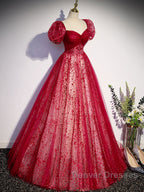 Burgundy A line tulle long prom Dress burgundy evening Dress