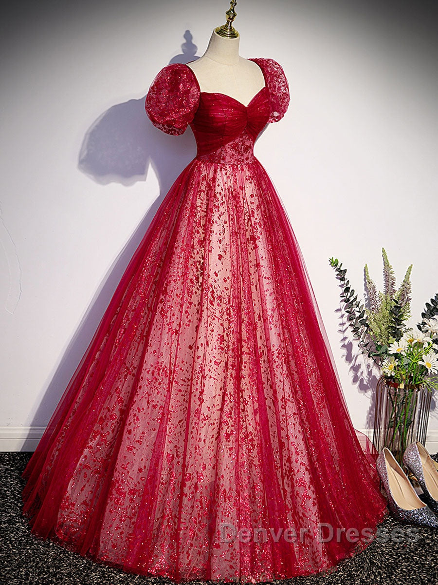 Burgundy A line tulle long prom Dress burgundy evening Dress