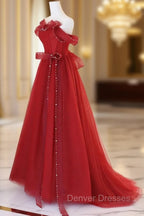 Burgundy A-Line Tulle Long Prom Dress, Burgundy Tulle Formal Dress
