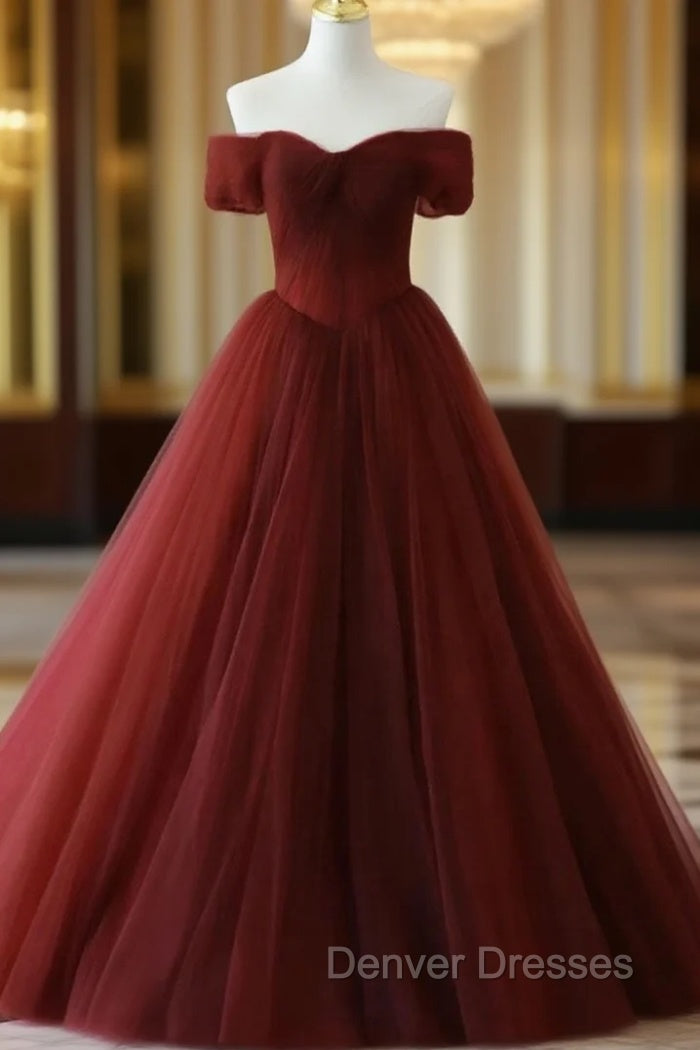 Burgundy A line Tulle Long Prom Dress, Burgundy Long Bridesmaid Dress Main image