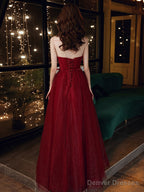 Burgundy A Line Tulle Sequin Long Prom Dress, Burgundy Evening Dress