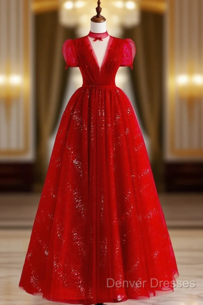 Burgundy A-Line Tulle Sequin Long Prom Dress, Burgundy Formal Dress Main image