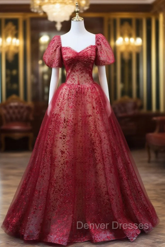 Burgundy A line Tulle Sequin Long Prom Dress Burgundy Tulle Formal Evening Dress Main image