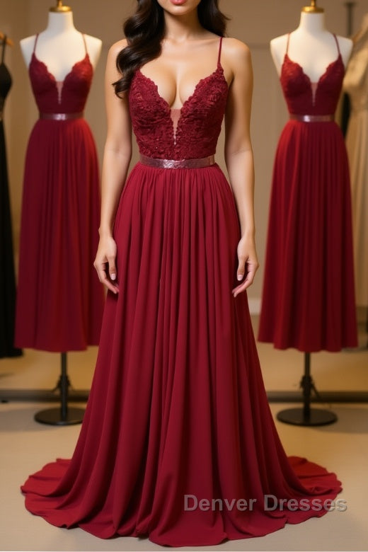Burgundy A Line V Neck Backless Lace Tulle Long Prom Dress, Burgundy Lace Formal Dress, Burgundy Evening Dress Main image