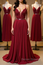 Burgundy A Line V Neck Backless Lace Tulle Long Prom Dress, Burgundy Lace Formal Dress, Burgundy Evening Dress