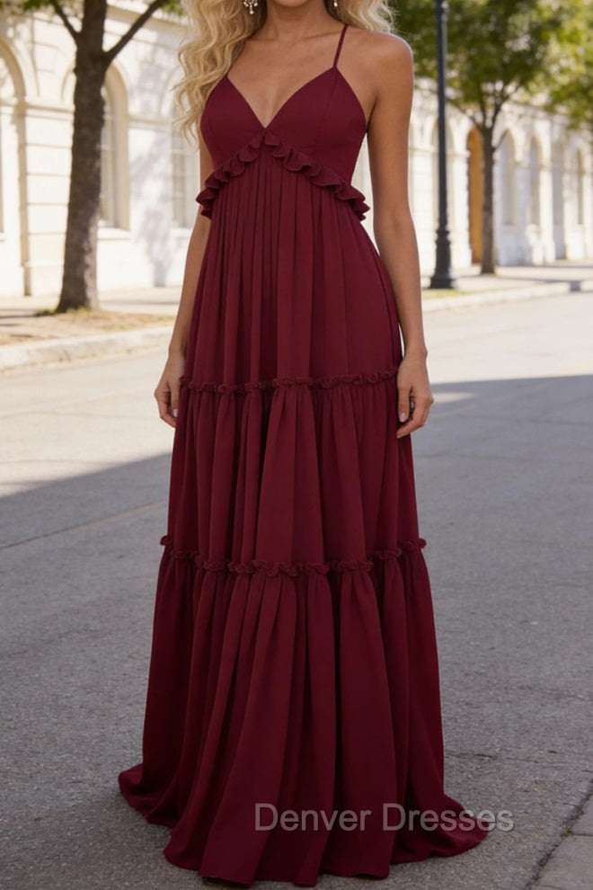 Burgundy A-line V Neck Sleeveless Floor-Length Chiffon Prom Dress Long Prom Dresses Backless with Pleated Ruffles Secondary image