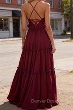 Burgundy A-line V Neck Sleeveless Floor-Length Chiffon Prom Dress Long Prom Dresses Backless with Pleated Ruffles