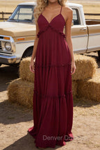 Burgundy A-line V Neck Sleeveless Floor-Length Chiffon Prom Dress Long Prom Dresses Backless with Pleated Ruffles