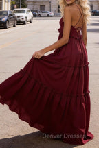 Burgundy A-line V Neck Sleeveless Floor-Length Chiffon Prom Dress Long Prom Dresses Backless with Pleated Ruffles