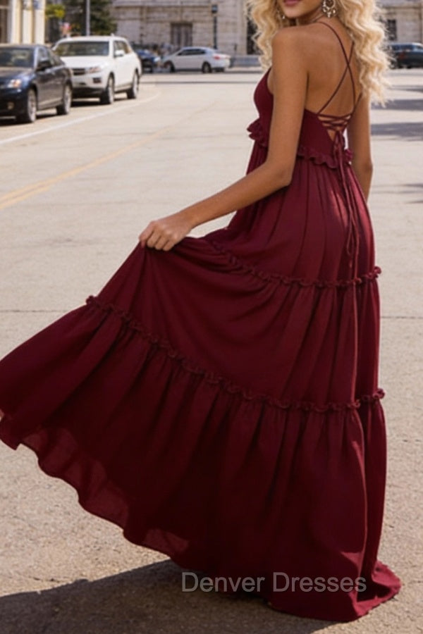 Burgundy A-line V Neck Sleeveless Floor-Length Chiffon Prom Dress Long Prom Dresses Backless with Pleated Ruffles