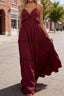 Burgundy A-line V Neck Sleeveless Floor-Length Chiffon Prom Dress Long Prom Dresses Backless with Pleated Ruffles