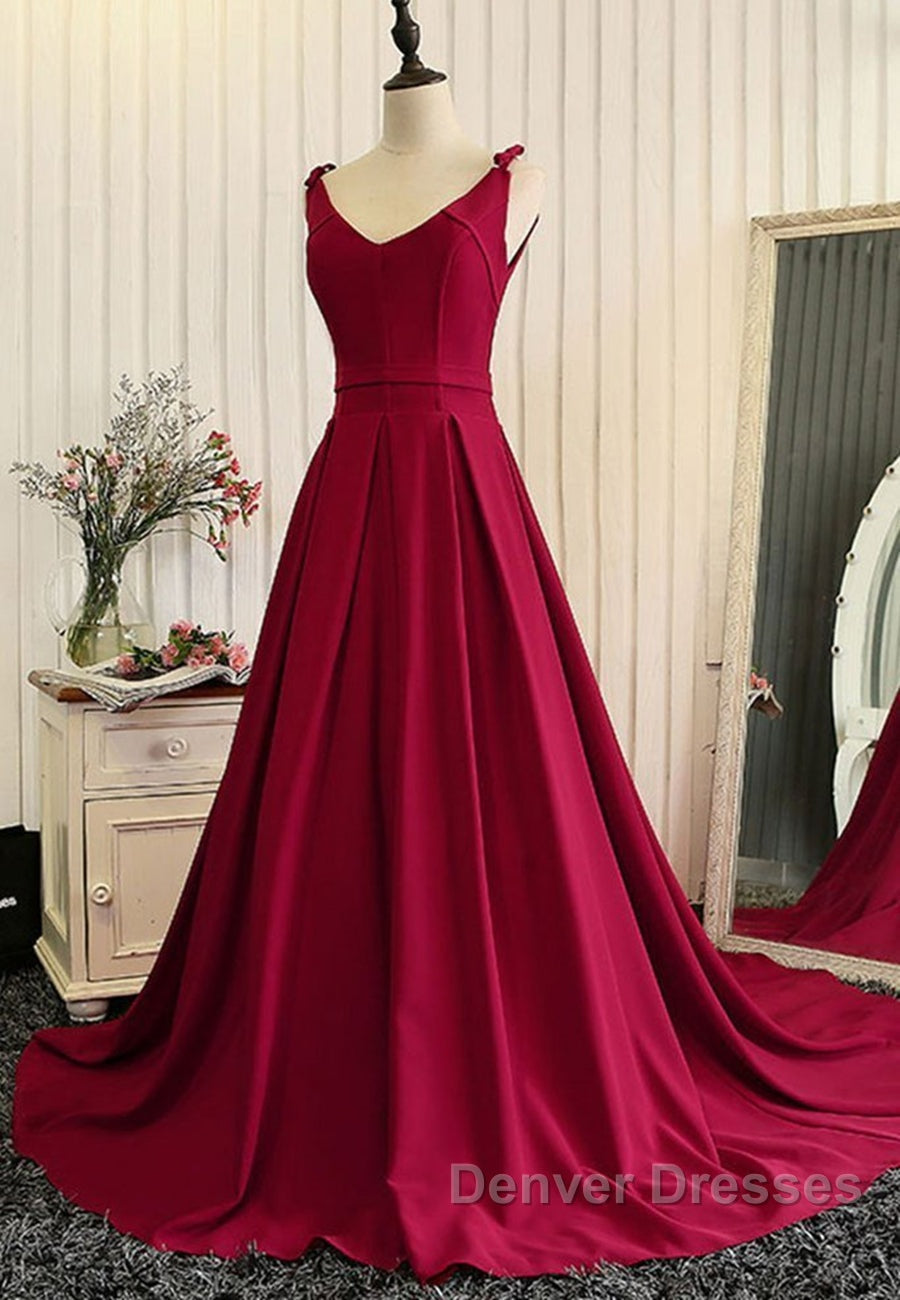 Burgundy A Line V Neck Sweep Train Open Back Satin Long Prom Dress, V Neck Burgundy Formal Dress, Backless Evening Dress Secondary image