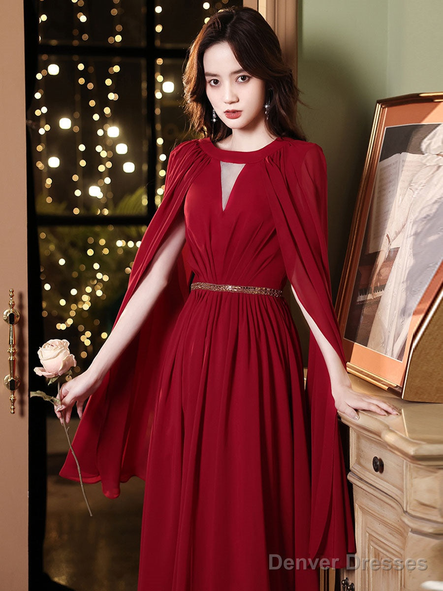 Burgundy Aline Chiffon Long Prom Dress, Burgundy Evening Dress