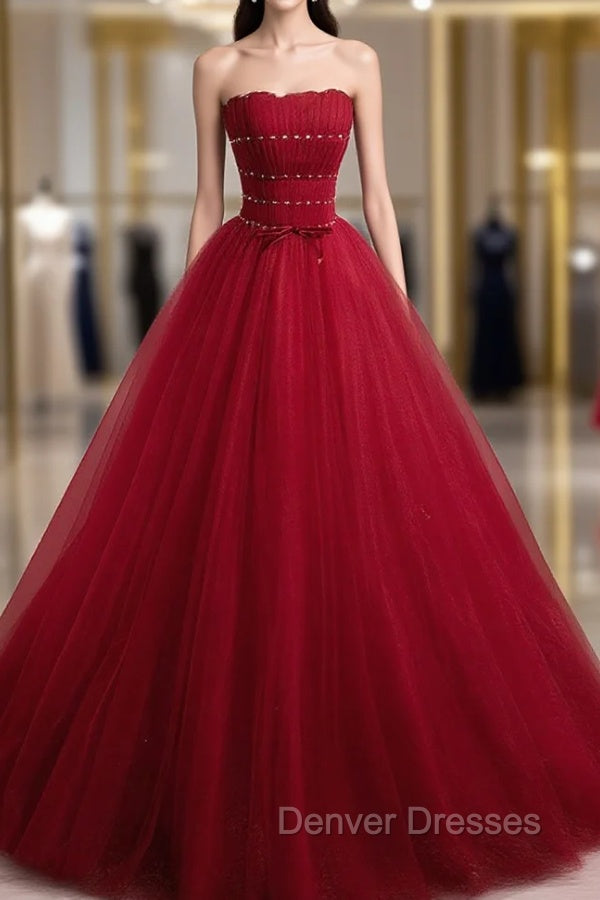 Burgundy Aline Tulle Beads Long Prom Dress, Burgundy Formal Dress