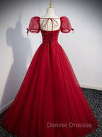 Burgundy Aline Tulle Beads Long Prom Dress, Burgundy Formal Dress