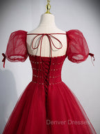 Burgundy Aline Tulle Beads Long Prom Dress, Burgundy Formal Dress