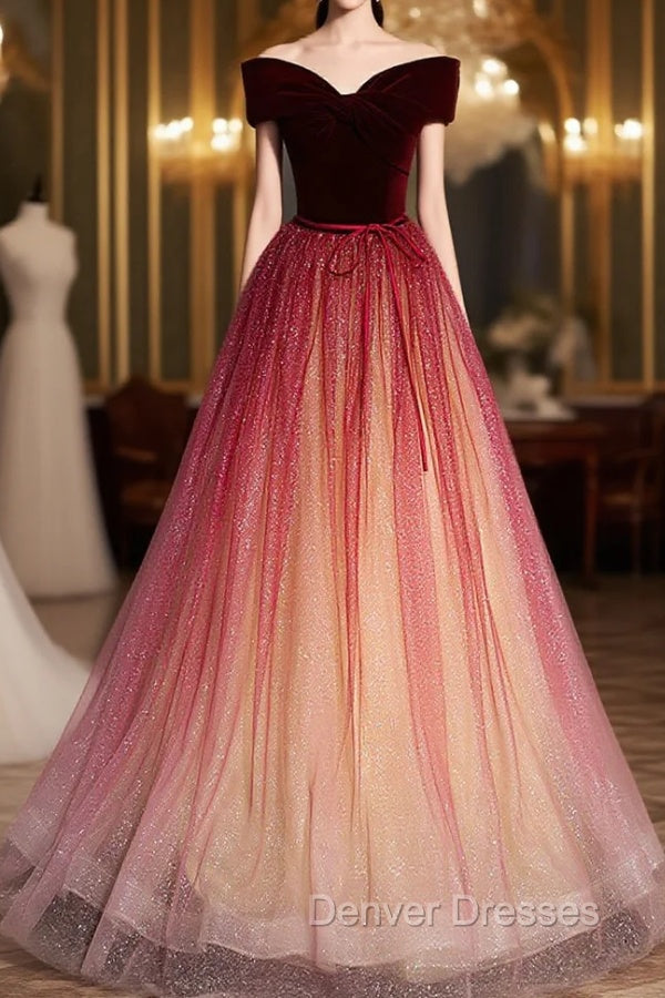 Burgundy Aline Tulle Sequin Long Prom Dress, Velvet Burgundy Formal Party Dress Main image