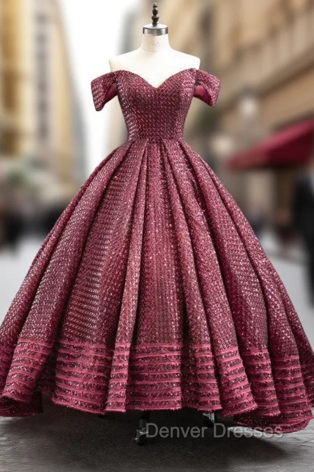 Burgundy Ball Gown Sequins Off the Shoulder Prom Dress Main image