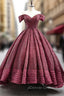 Burgundy Ball Gown Sequins Off the Shoulder Prom Dress