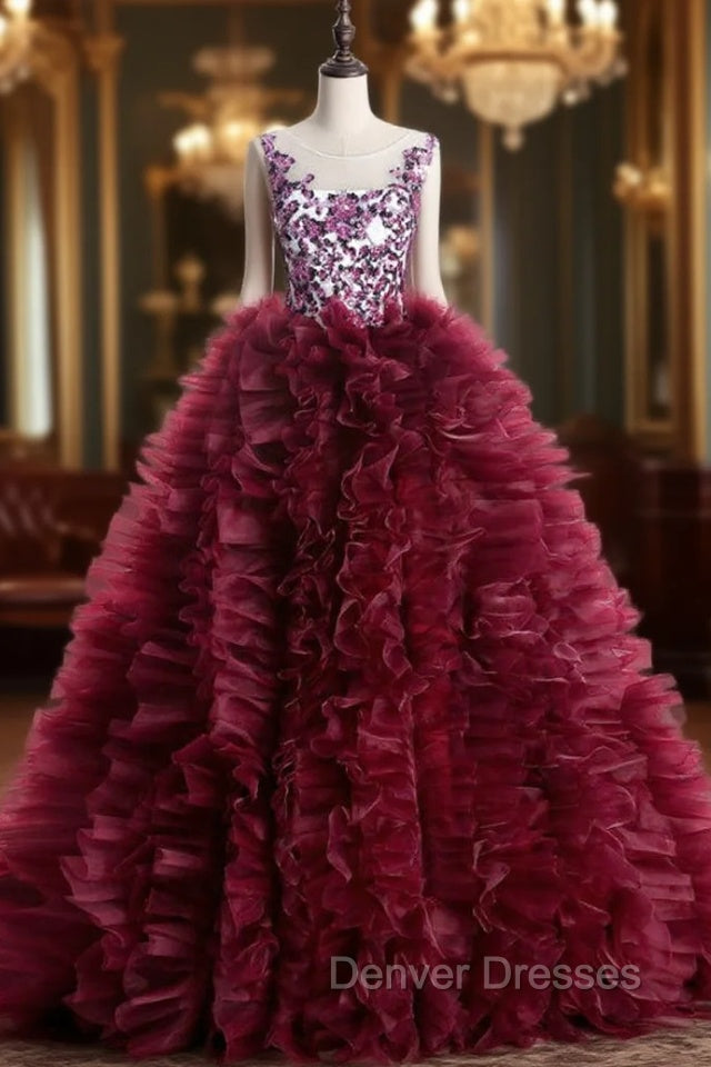 Burgundy Ball Gown Ruffles Beading Crystal Wedding Dress Main image
