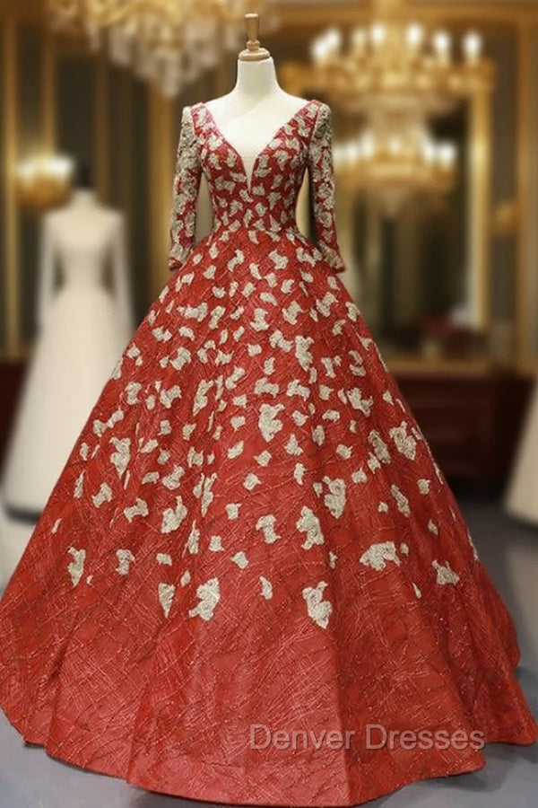 Burgundy Ball Gown Sequins Appliques Deep V-neck Long Sleeve Prom Dress Main image