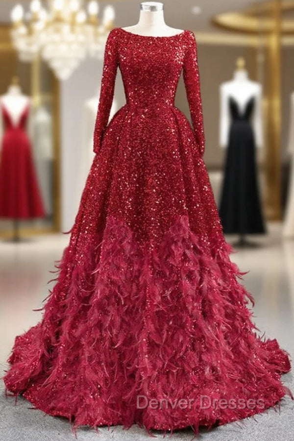 Burgundy Ball Gown Sequins Long Sleeve Feather Prom Dress Main image