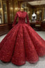 Burgundy Ball Gown Sequins Long Sleeve High Neck Prom Dress
