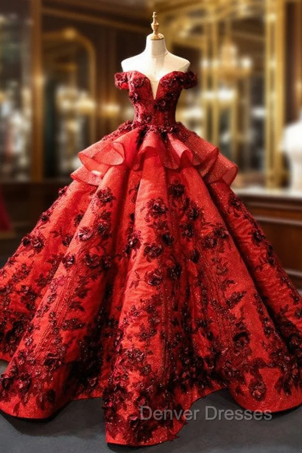 Burgundy Ball Gown Sequins Off the Shoulder 3D Flower Haute Couture Prom Dress Main image