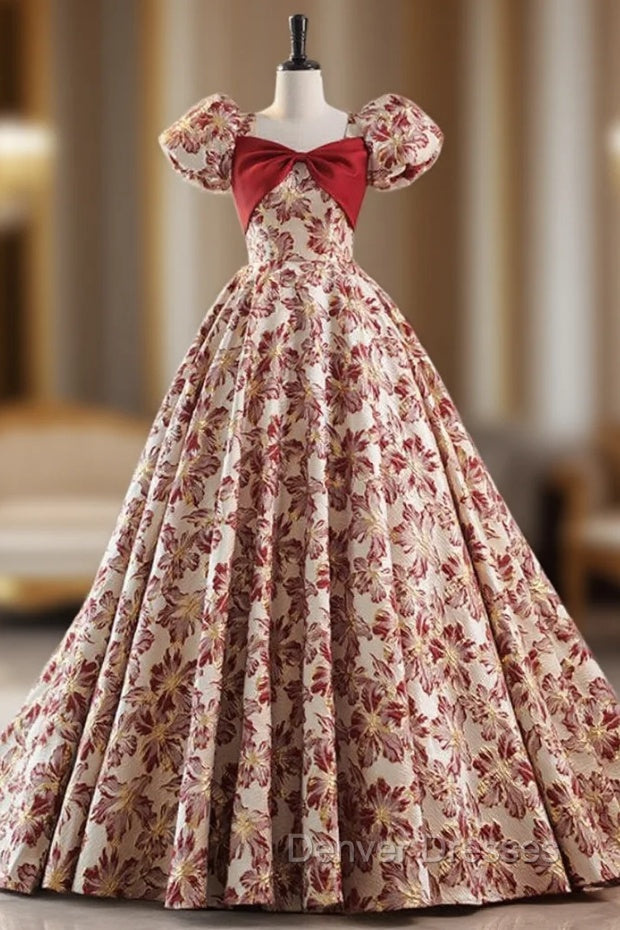 Burgundy Ball Gown Square Puff Sleeve Prom Dress Main image