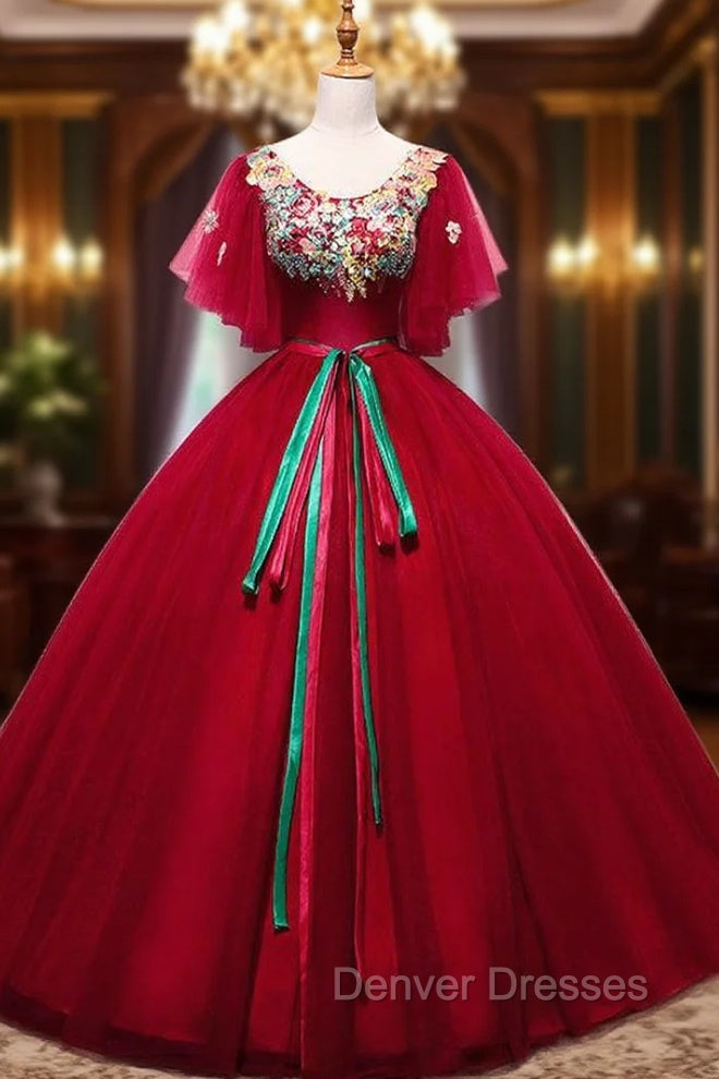Burgundy Ball Gown Tulle Appliques Quinceanera Dress With Sash Main image
