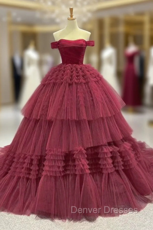 Burgundy Ball Gown Tulle Off the Shoulder Pleats Prom Dress Main image
