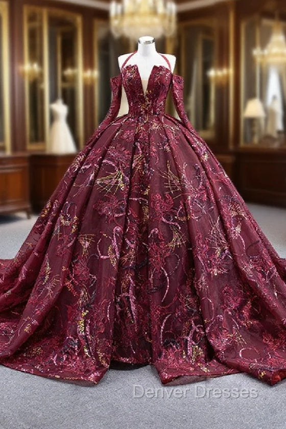 Burgundy Ball Gown Tulle Sequins Long Sleeve Prom Dress Main image