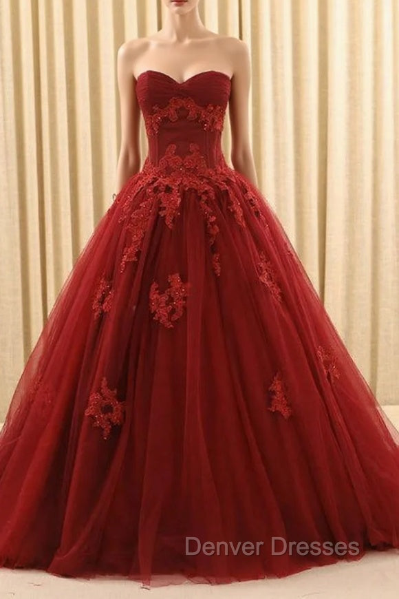 Burgundy Ball Gown Tulle Sweetheart Appliques Wedding Dress Main image
