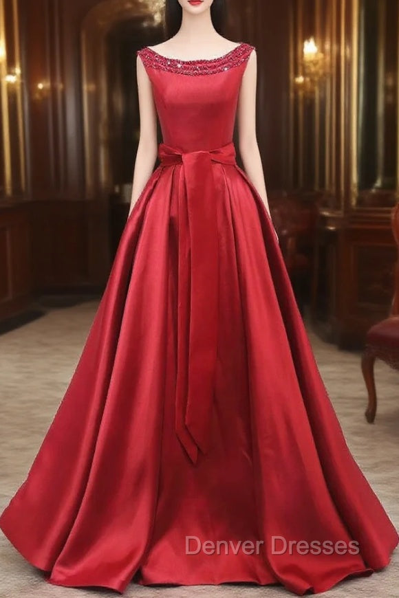 Burgundy Bateau Satin Beading Prom Dress Main image