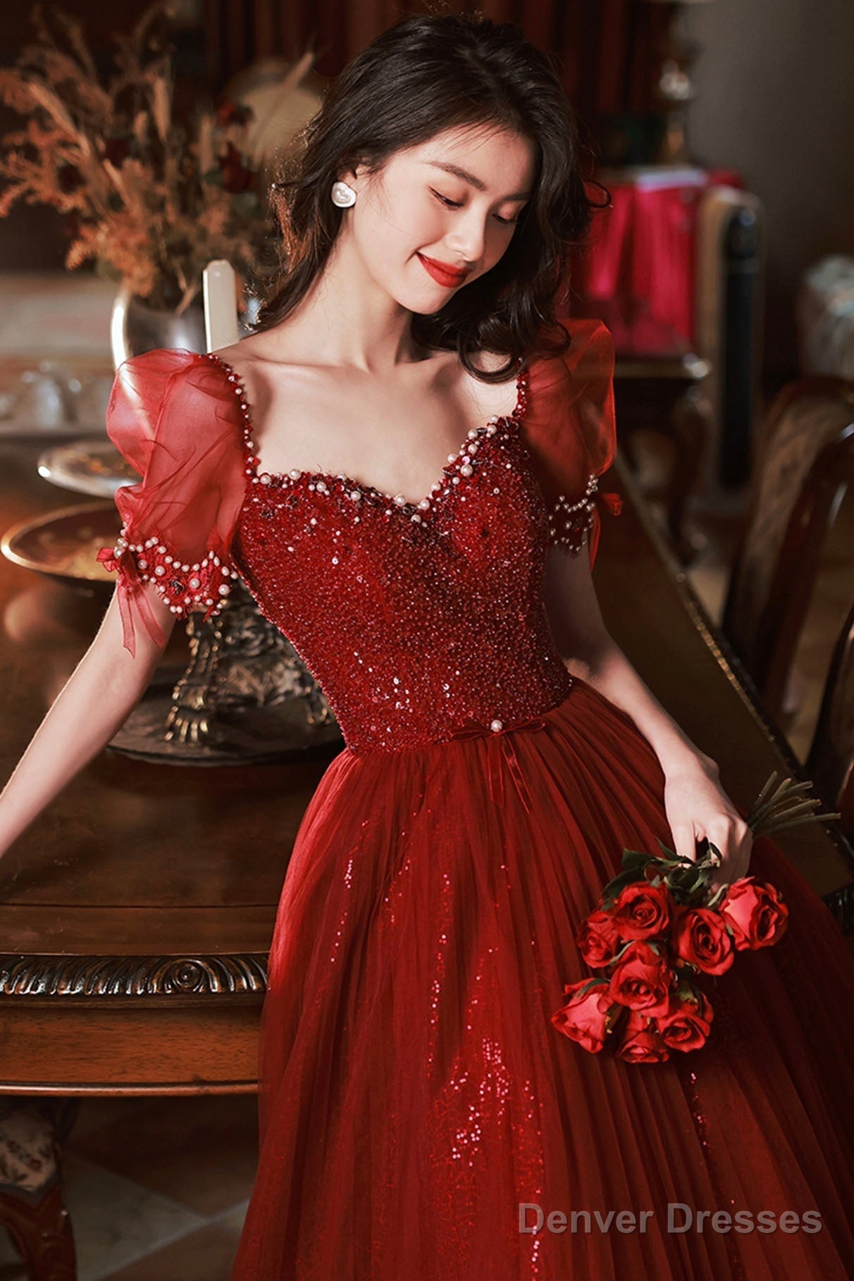 Burgundy Beaded Chic Long A-Line Prom Dress, Cute Short Sleeve Party Dress Secondary image