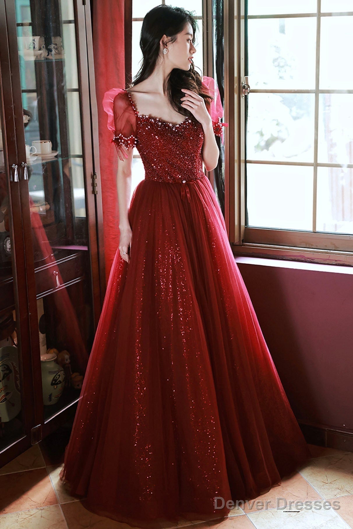 Burgundy Beaded Chic Long A-Line Prom Dress, Cute Short Sleeve Party Dress Main image