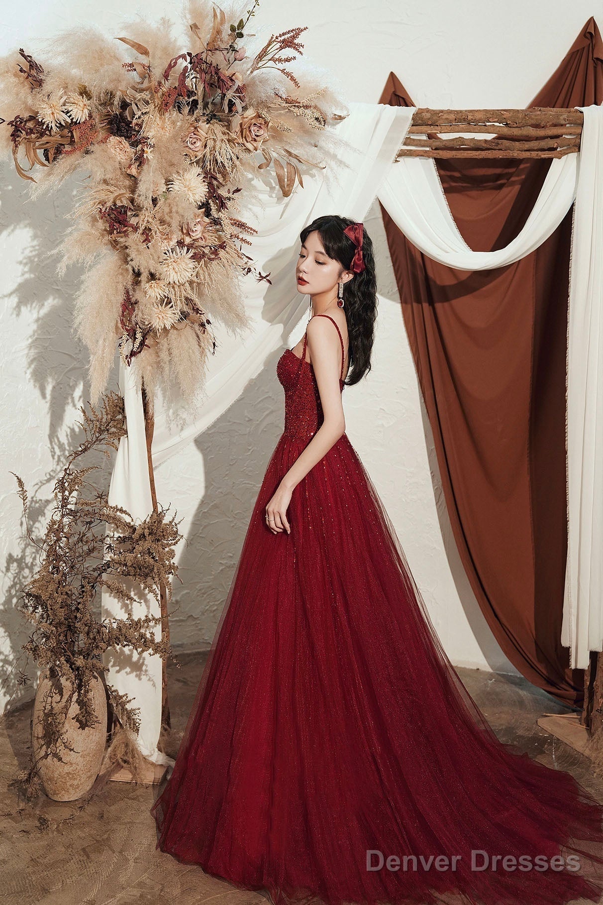 Burgundy Beaded Long A-Line Prom Dress, Burgundy Straps Evening Dress Secondary image