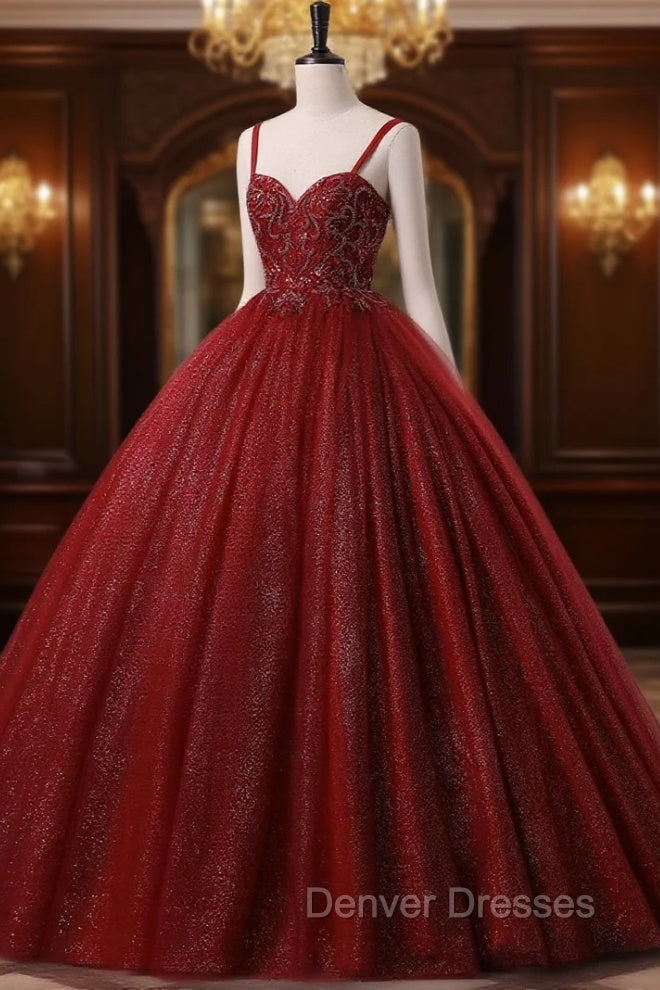 Burgundy Bling Tulle Ball gowns Long Prom Dress with Embroidered Sequins Main image