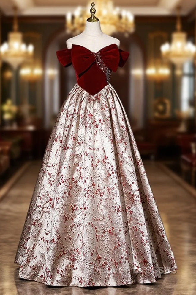 Burgundy Bow Velvet Off the Shoulder Beading Prom Dress