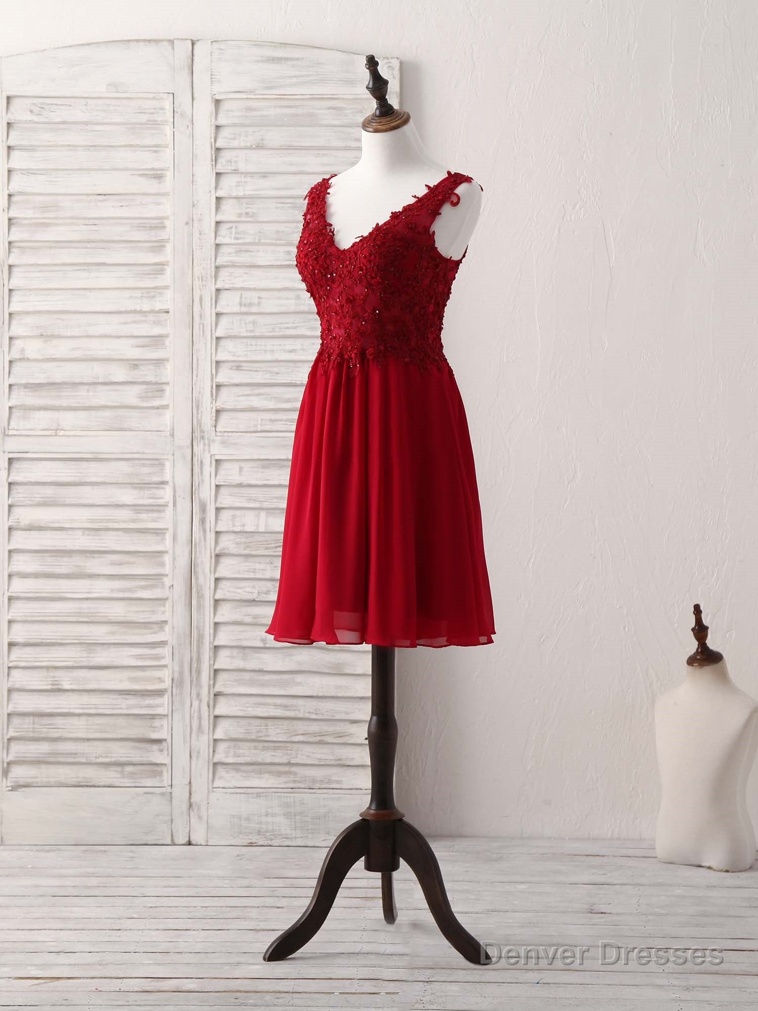 Burgundy Chiffon Lace Short Prom Dress Burgundy Homecoming Dress