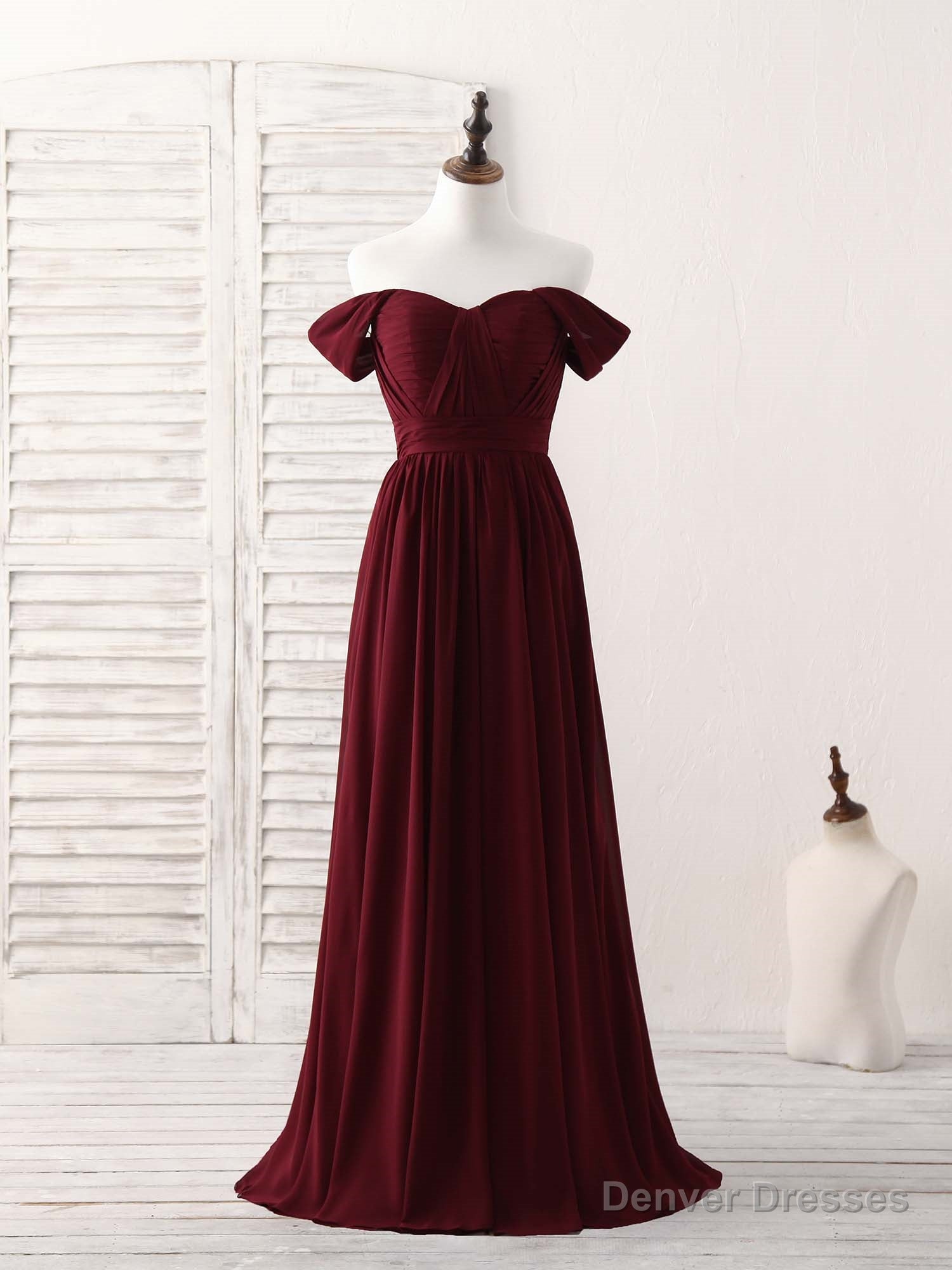 Burgundy Chiffon Off Shoulder Long Prom Dress Burgundy Bridesmaid Dress Main image