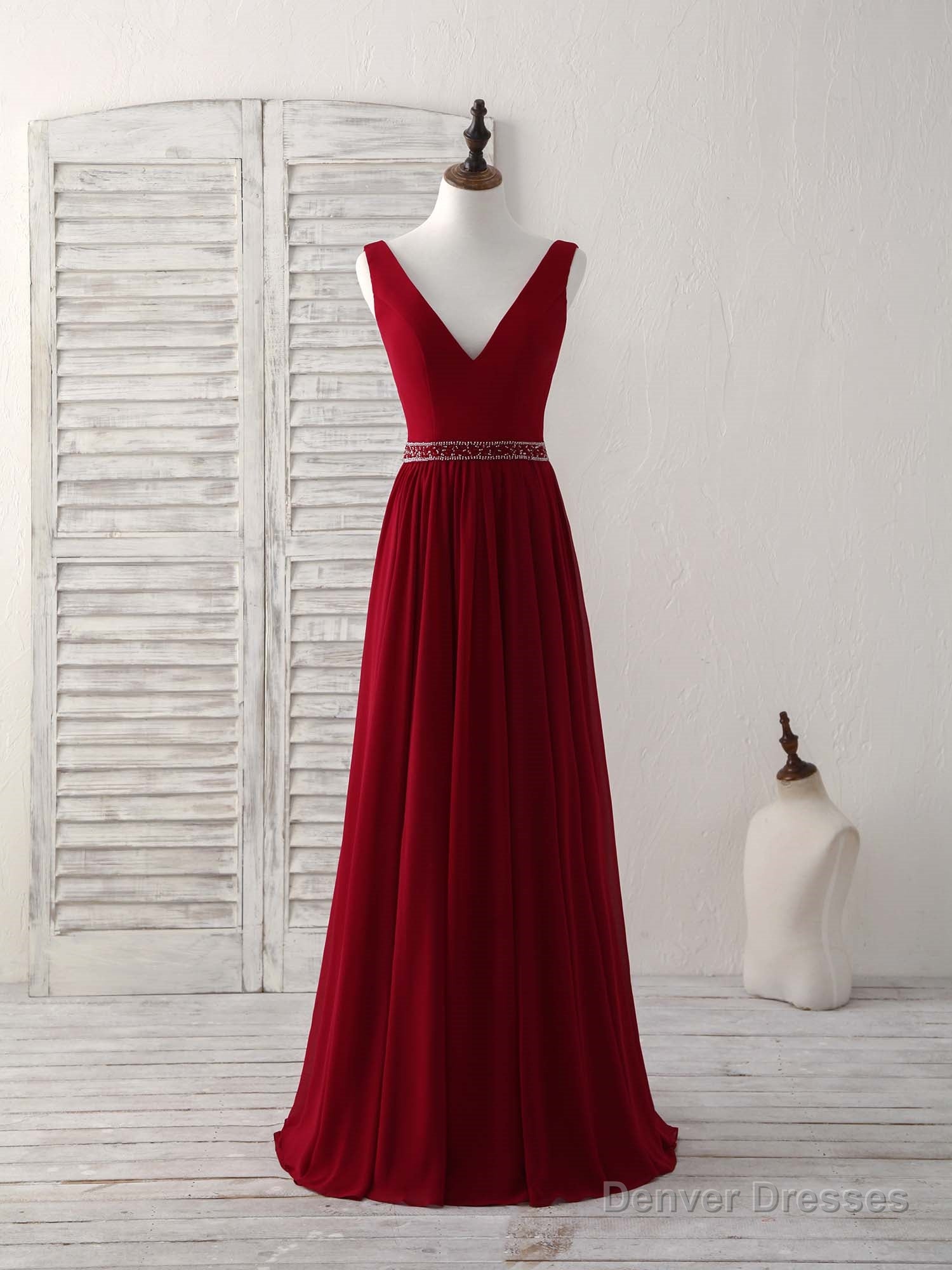 Burgundy Chiffon V Neck Beads Long Prom Dress Burgundy Evening Dress Secondary image