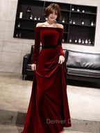 Burgundy Classic Evening Dress Velvet Long Sleeve Off Shoulder Prom Dress