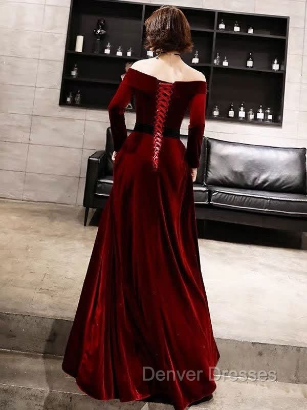 Burgundy Classic Evening Dress Velvet Long Sleeve Off Shoulder Prom Dress