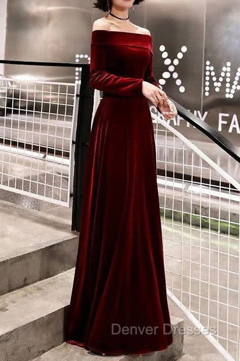 Burgundy Classic Evening Dress Velvet Long Sleeve Off Shoulder Prom Dress Main image