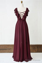 Burgundy Cross Back A Line Chiffon Long Prom Dress