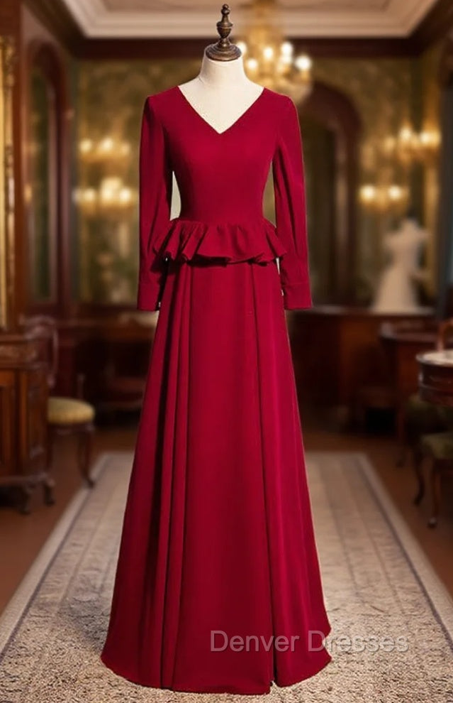 Burgundy Deep V-neck Long Sleeve Prom Dress Main image