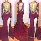 Burgundy Gold Appliques Long Sleevess Side Slit Open Back Mermaid Prom Dress
