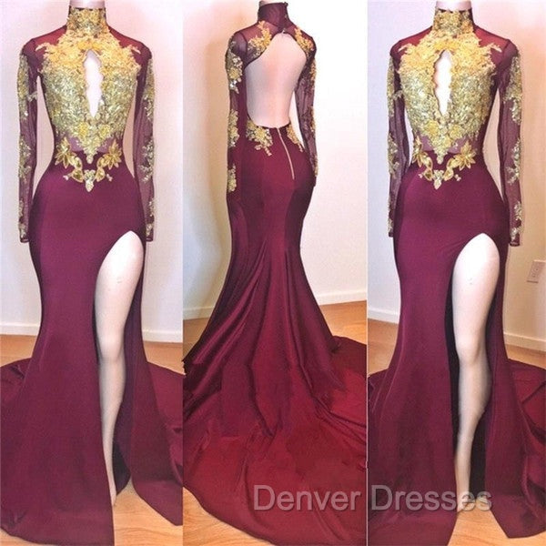 Burgundy Gold Appliques Long Sleevess Side Slit Open Back Mermaid Prom Dress