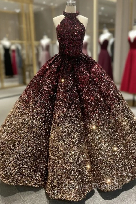 Burgundy Gold Sequins Halter Prom Dress Main image